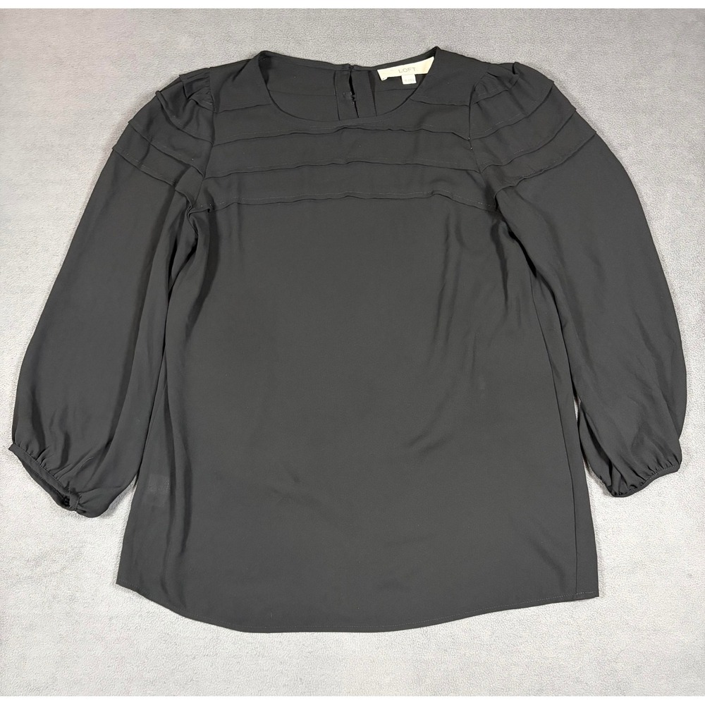LOFT Blouse Womens XS Black Pleated Yoke Long Sleeve Keyhole Back